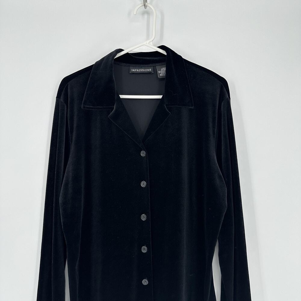 Impressions Black Velvet Button Front Tunic Top Womens L Soft Grunge Boho Glam - Picture 3 of 10